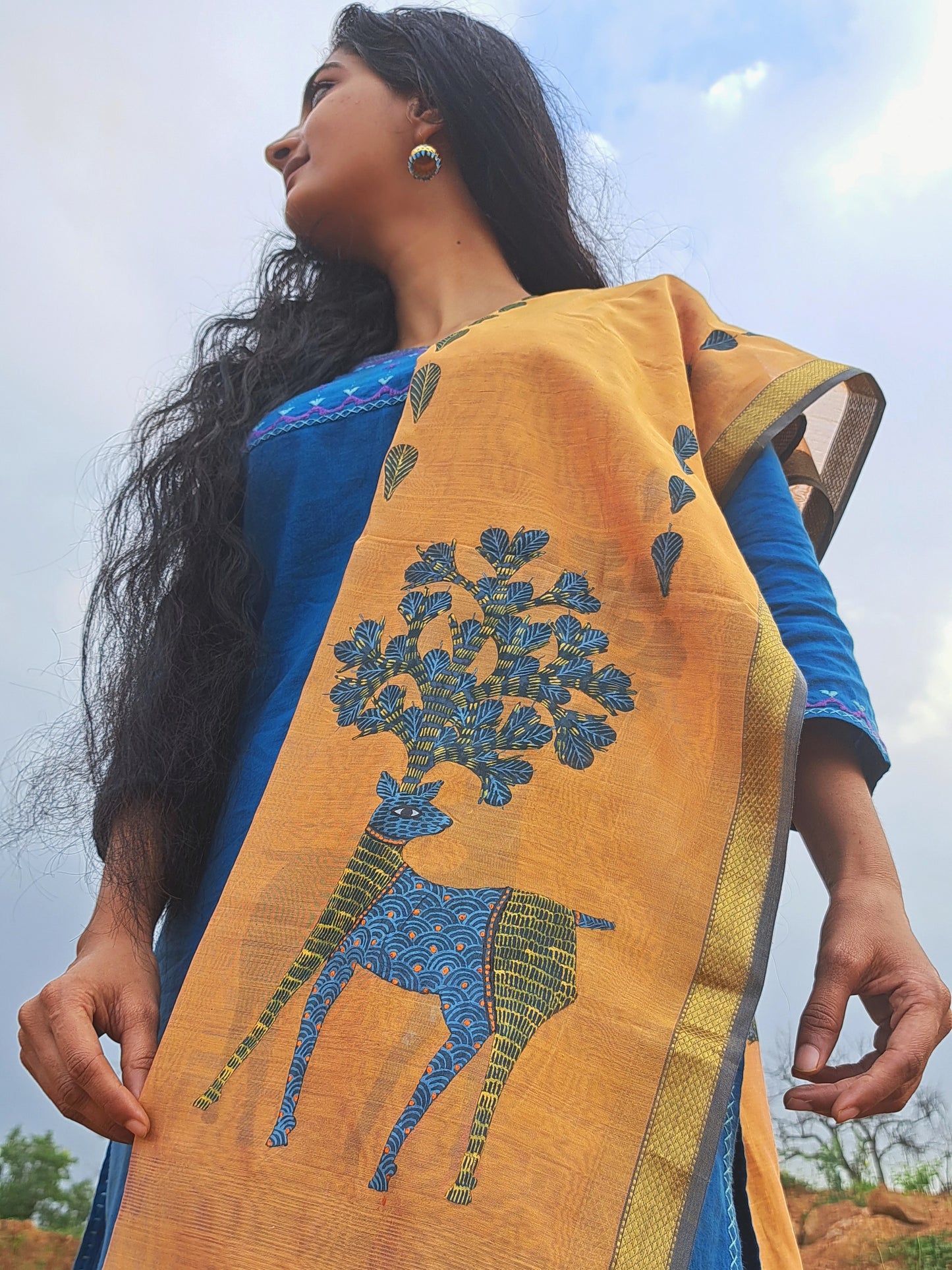 Original Gond Handpainted Handloom Maheshwari Silk Stole With Tassels