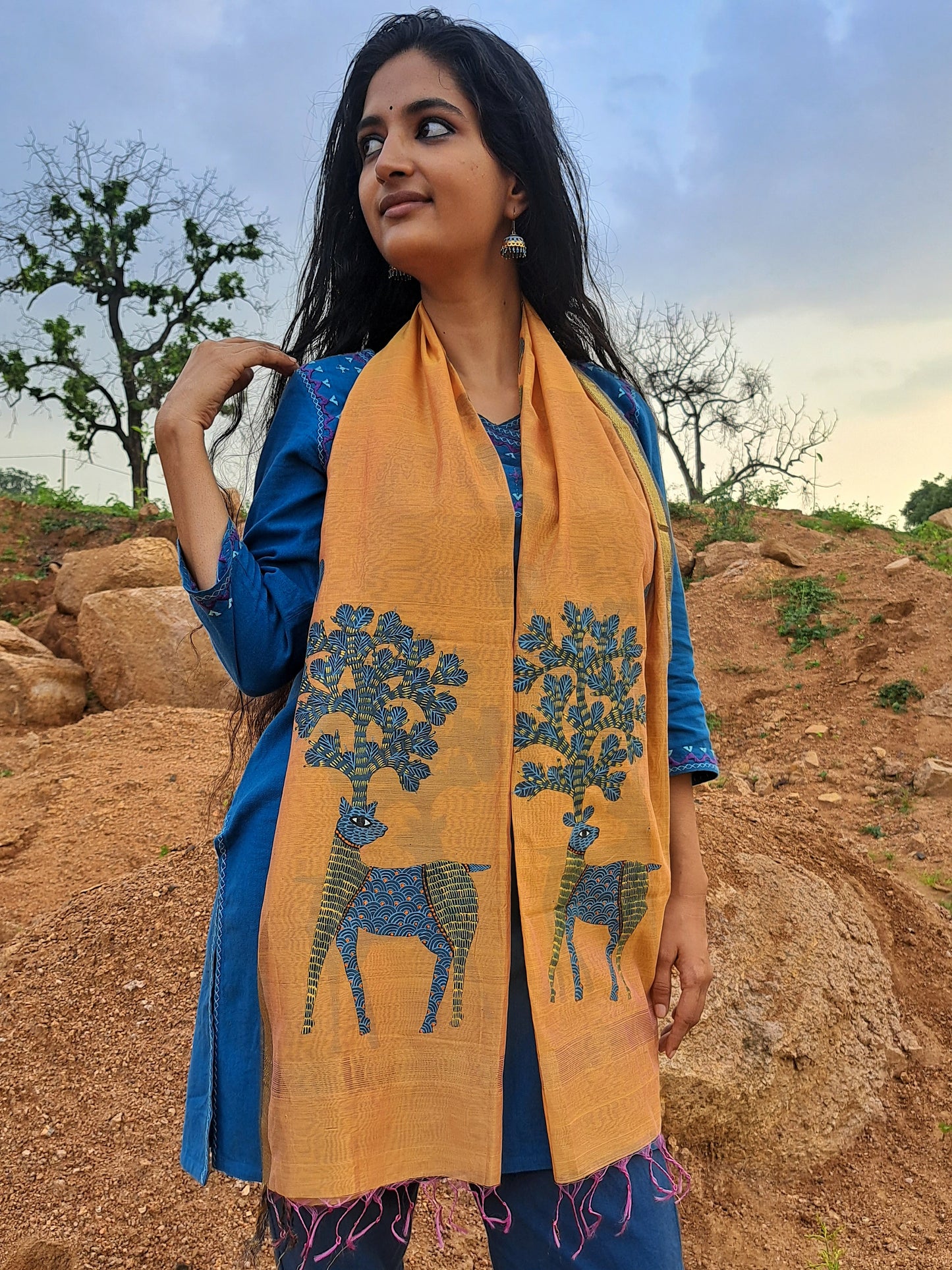 Original Gond Handpainted Handloom Maheshwari Silk Stole With Tassels