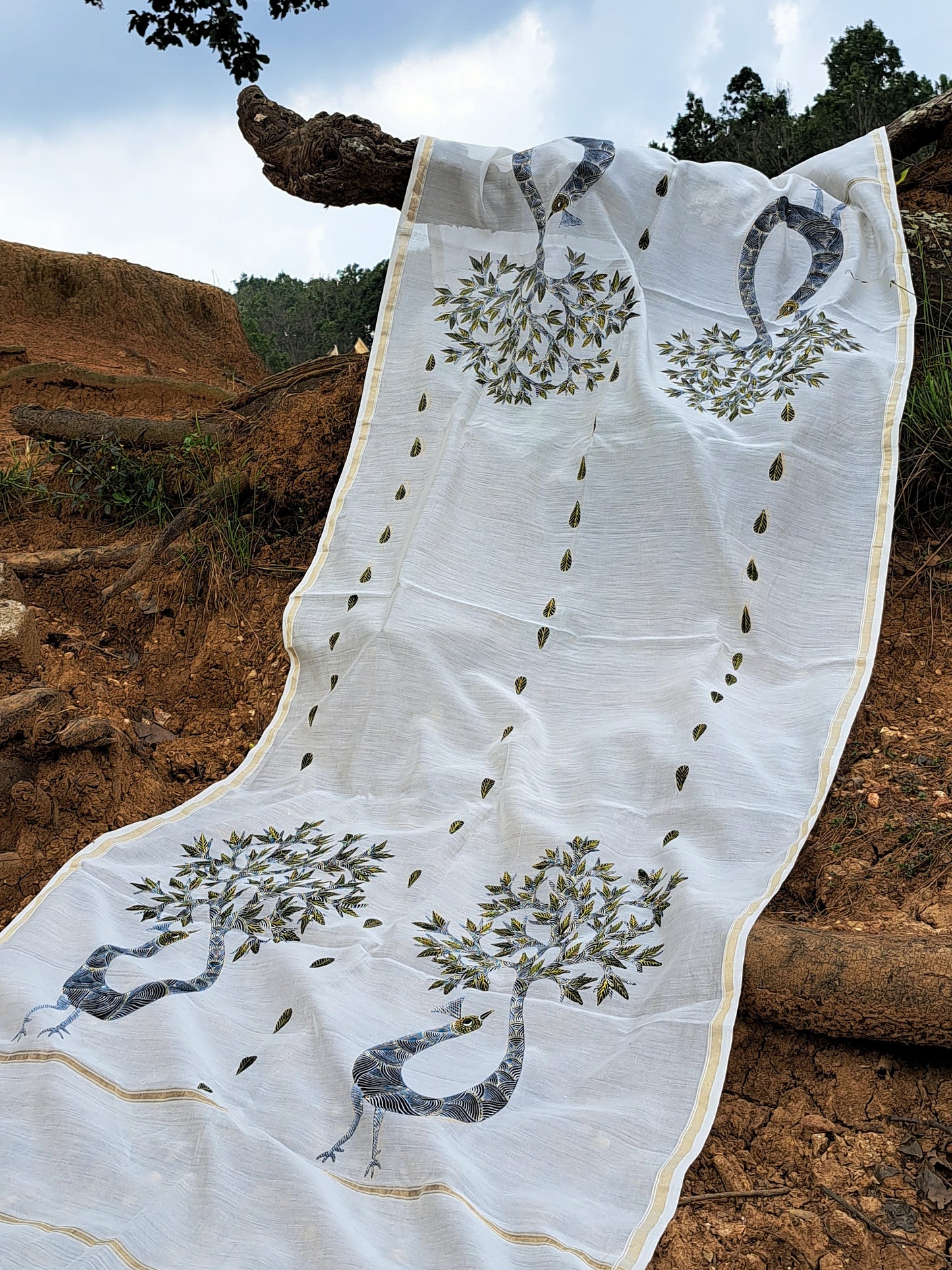 Original Gond Hand painted Handloom Chanderi Cotton Silk Dupatta