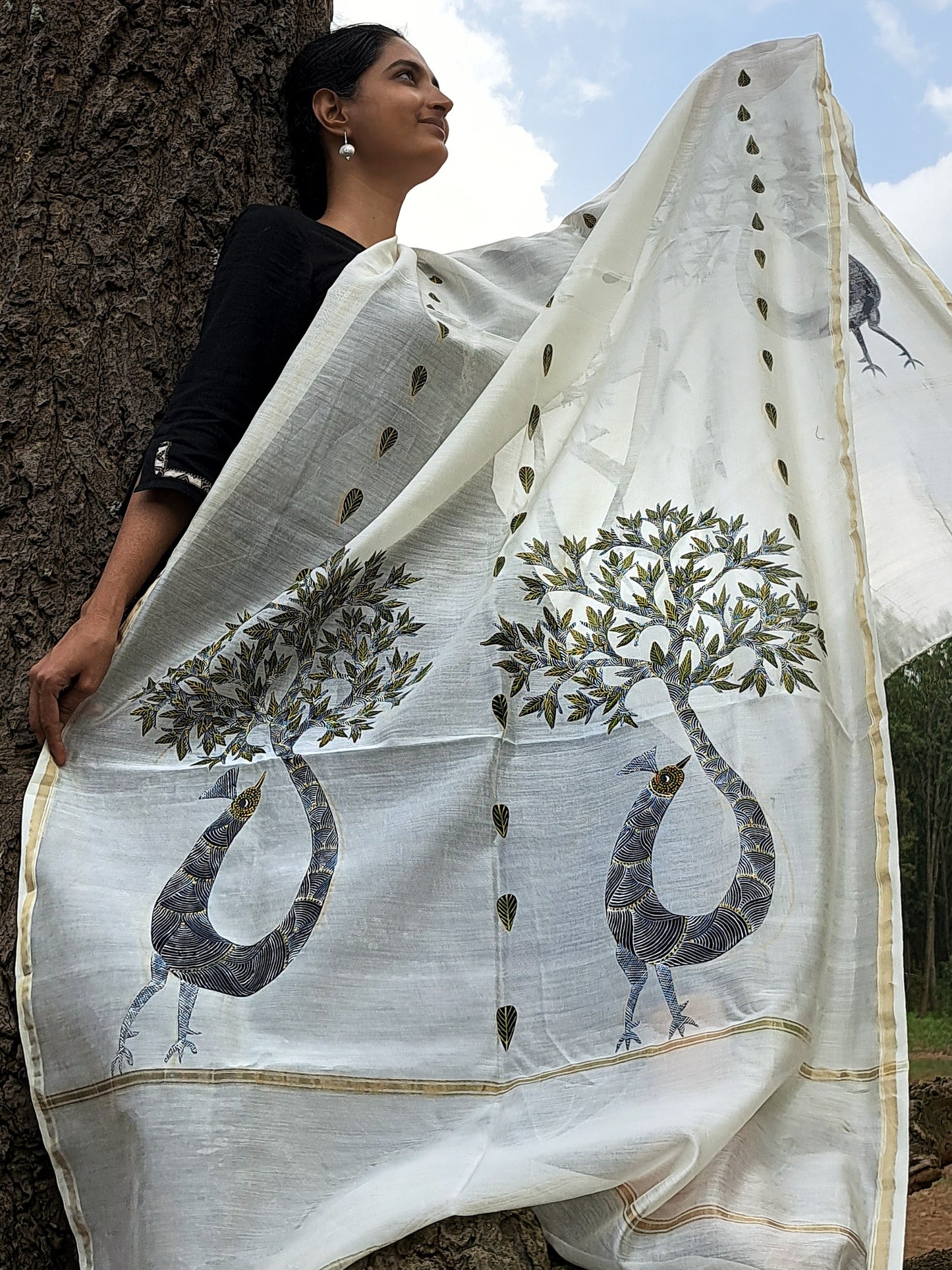 Original Gond Hand painted Handloom Chanderi Cotton Silk Dupatta