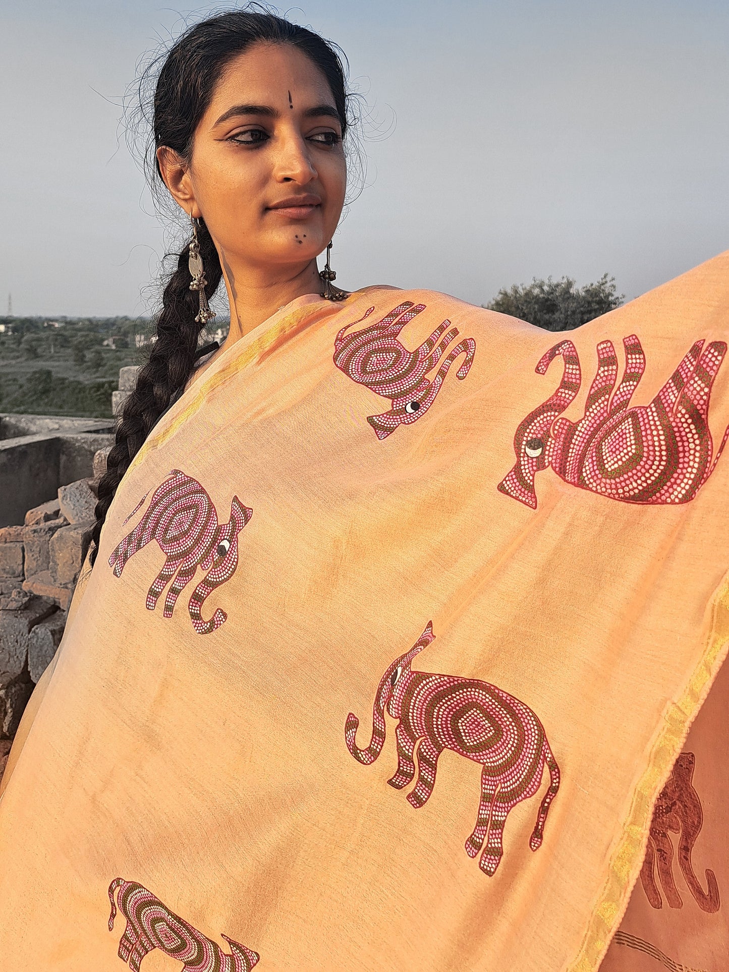 Original Bhil Hand painted Chanderi Stole