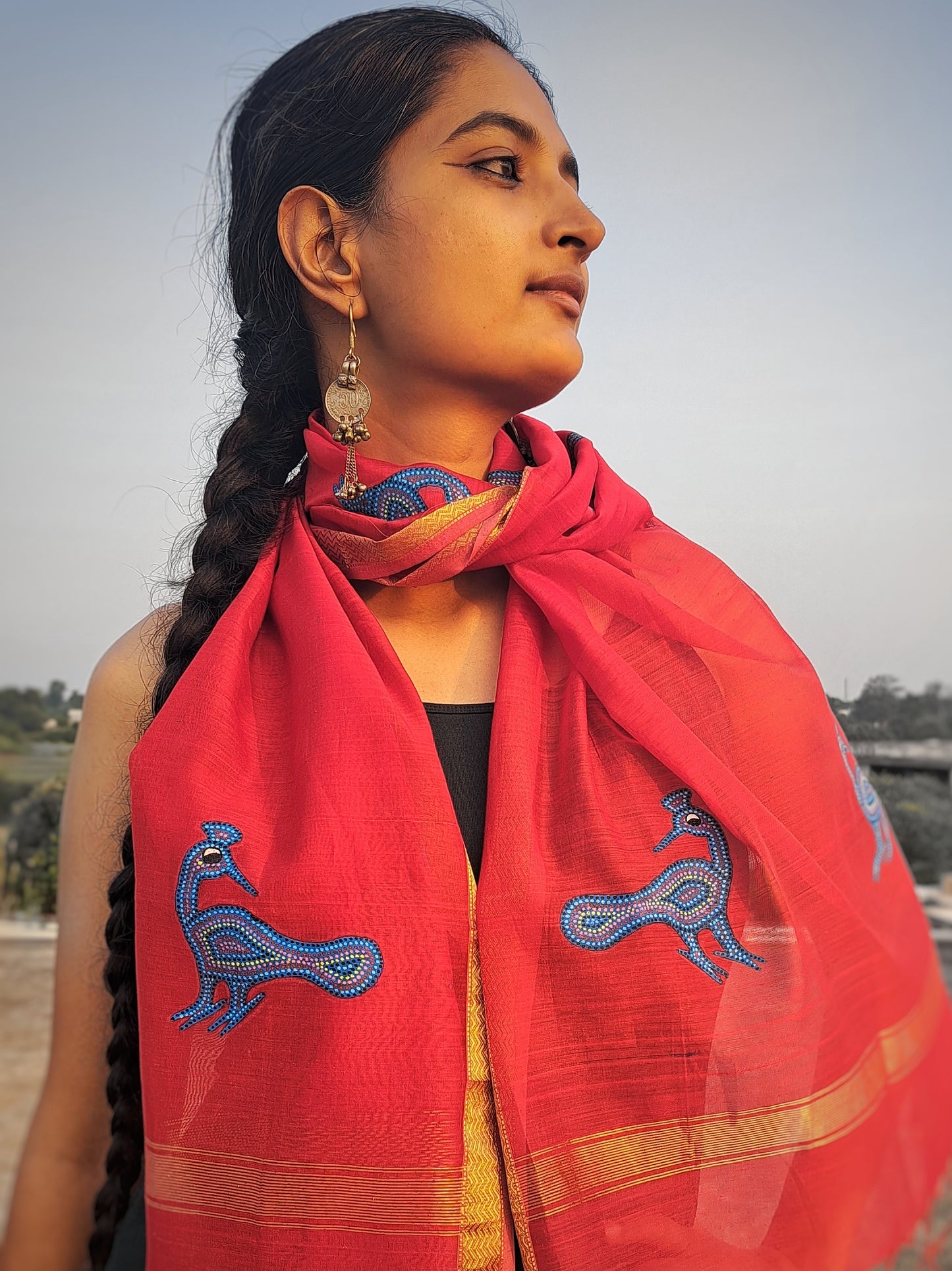 Original Bhil Handpainted Handloom Maheshwari Silk Stole With Tassels