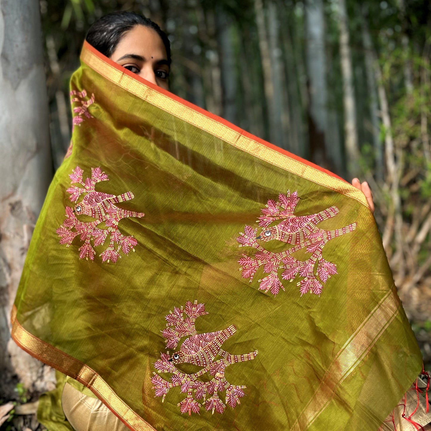 Original Gond Handpainted Handloom Maheshwari Silk Stole With Tassels