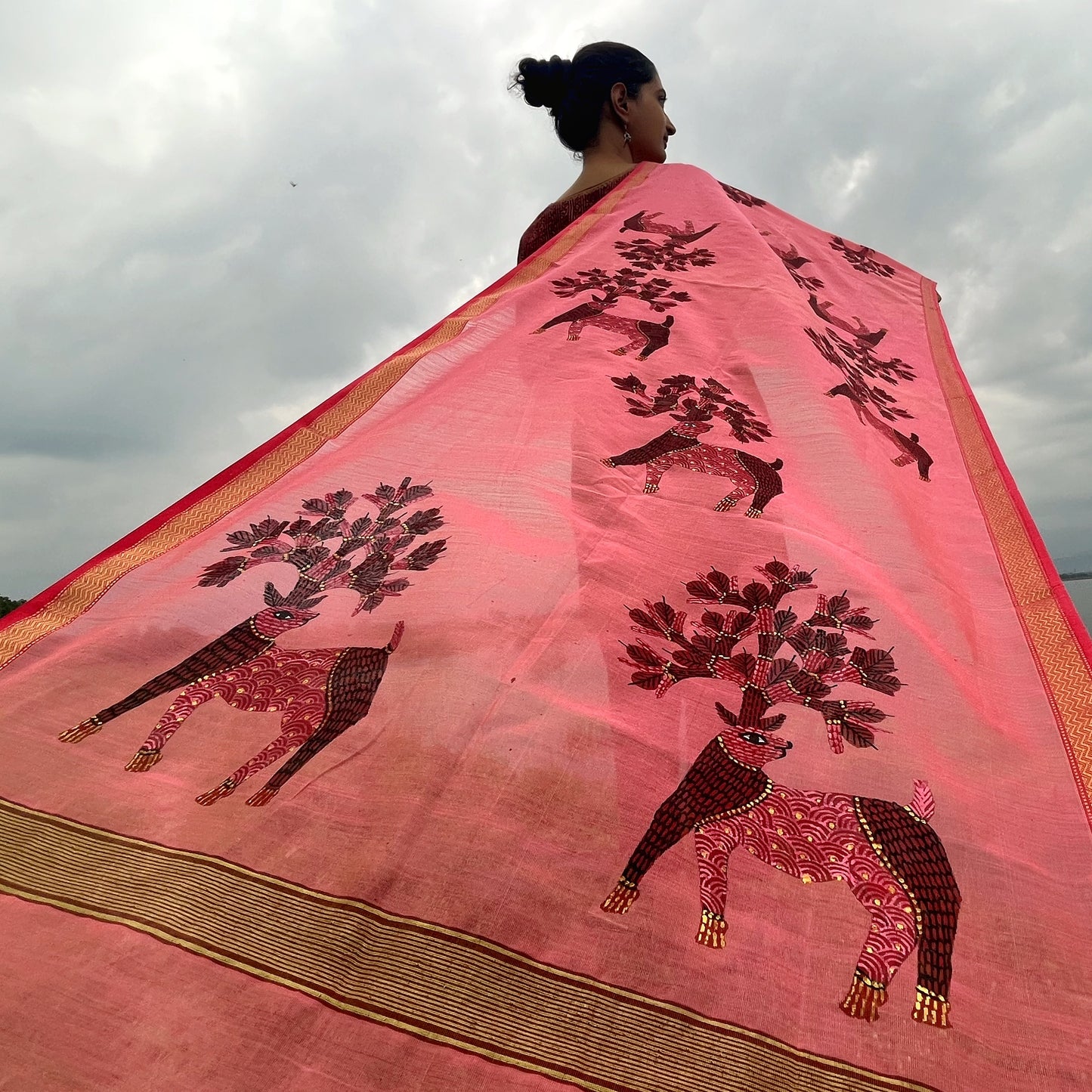 Original Gond Handpainted Handloom Maheshwari Silk Stole With Tassels