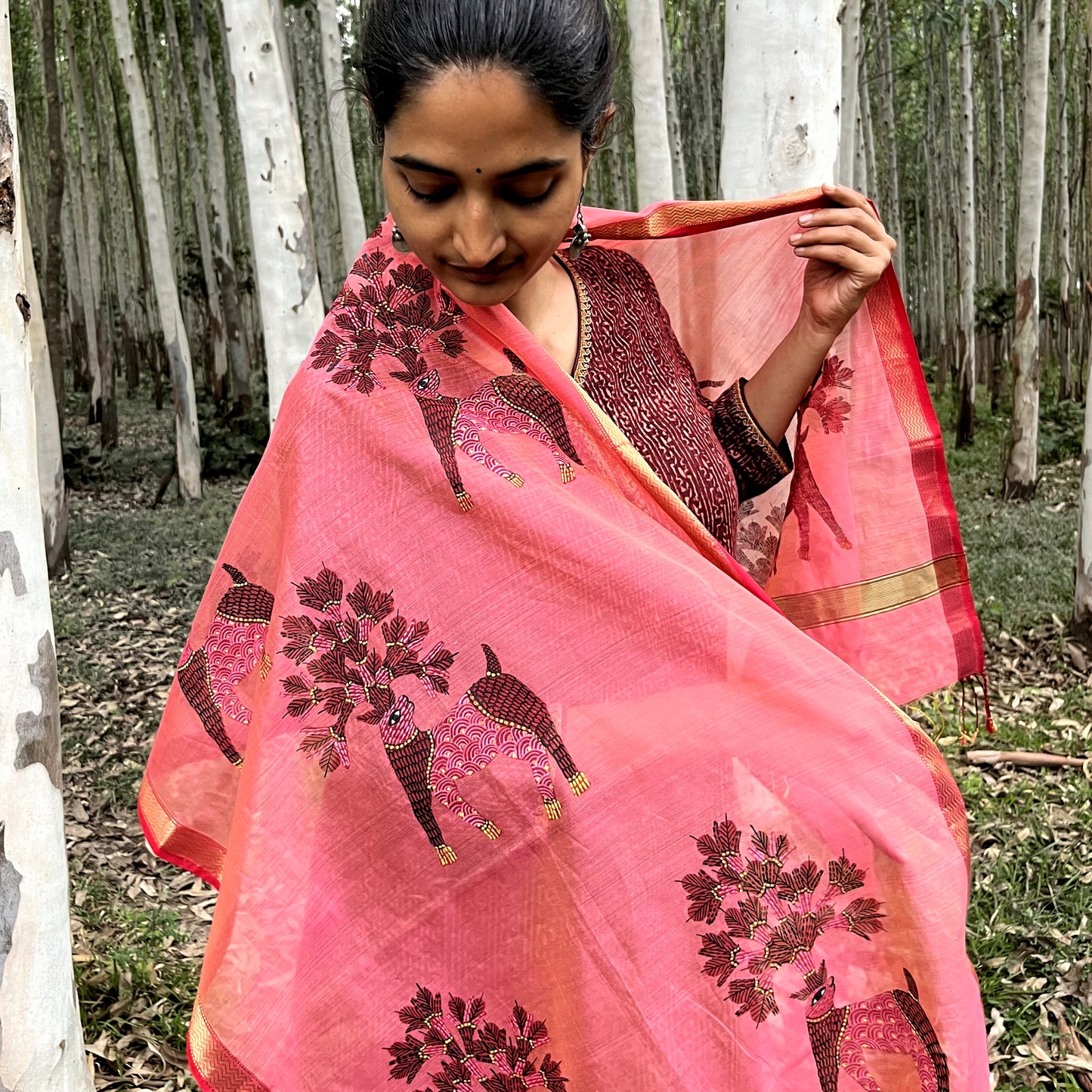 Original Gond Handpainted Handloom Maheshwari Silk Stole With Tassels