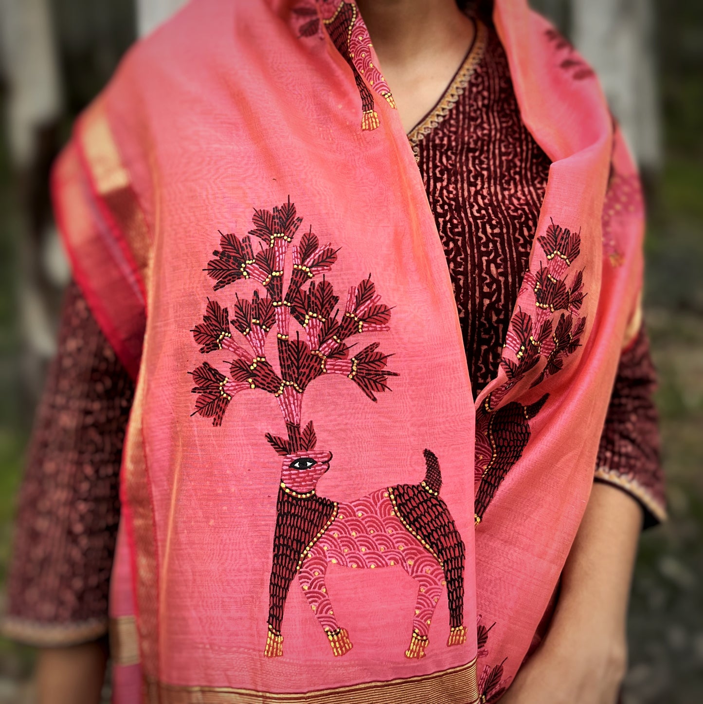 Original Gond Handpainted Handloom Maheshwari Silk Stole With Tassels