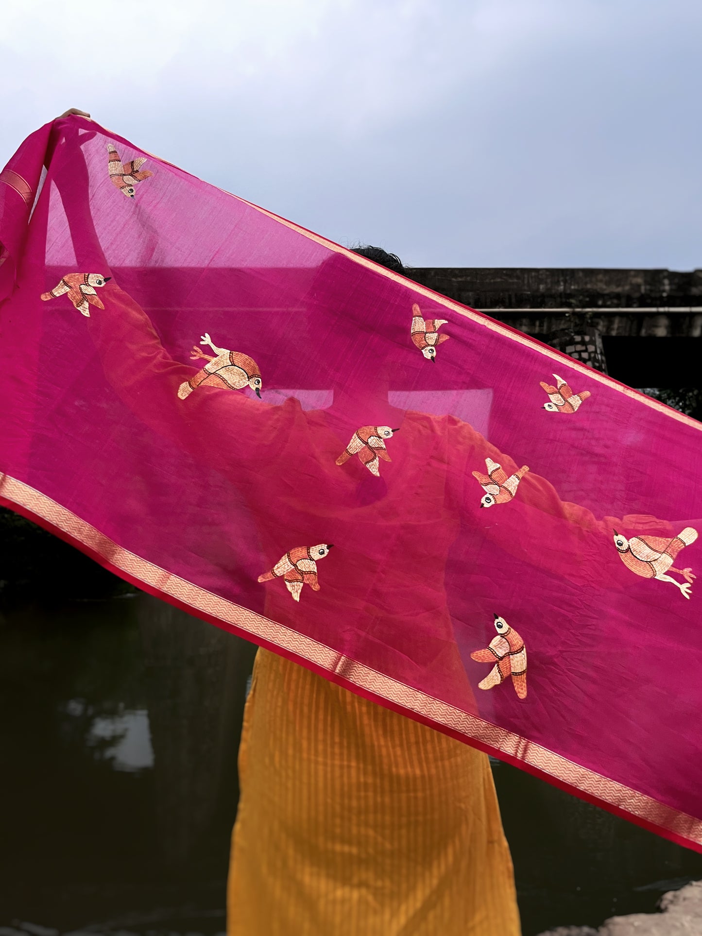 Original Gond Handpainted Handloom Maheshwari Silk Stole With Tassels