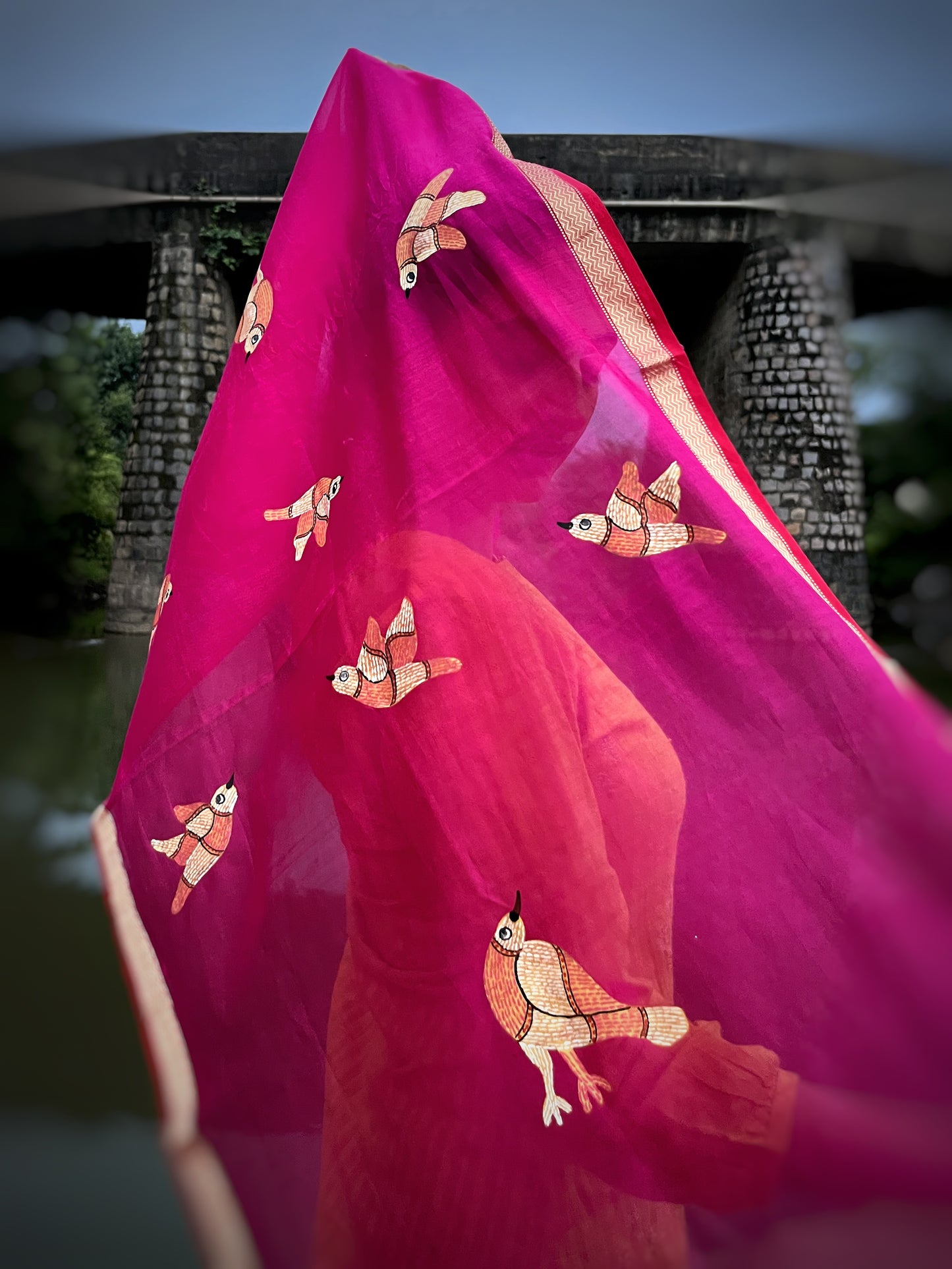 Original Gond Handpainted Handloom Maheshwari Silk Stole With Tassels