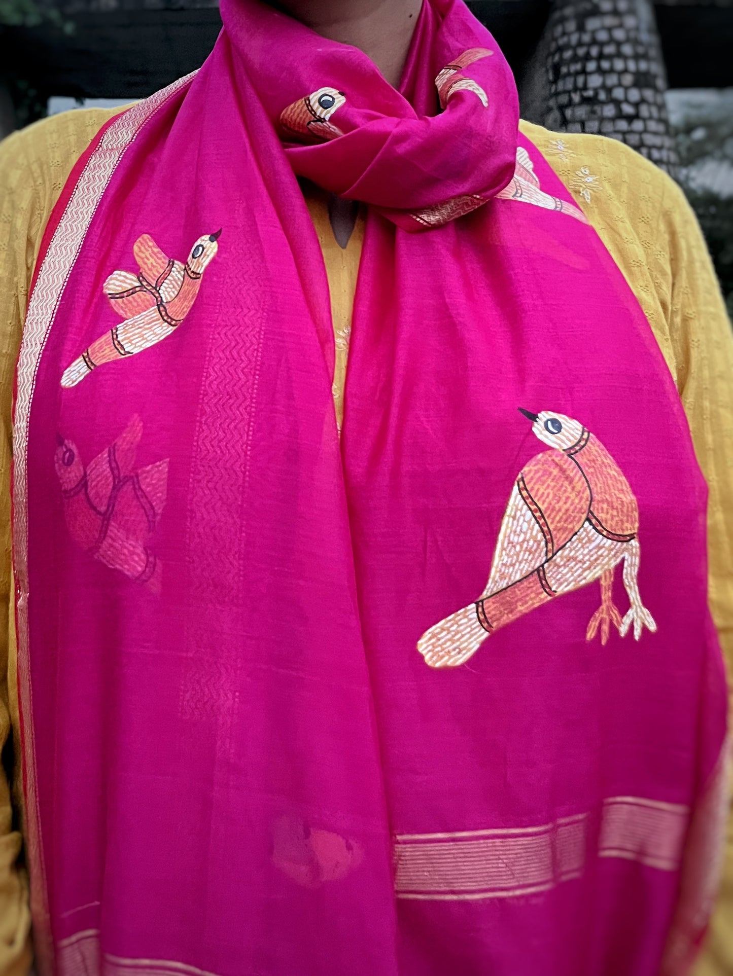 Original Gond Handpainted Handloom Maheshwari Silk Stole With Tassels